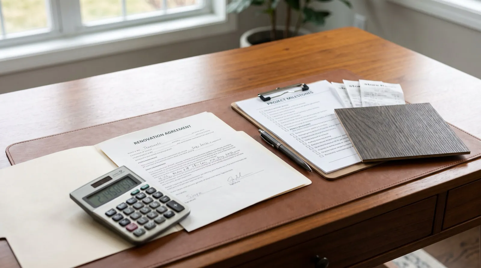 Renovation agreement, project milestone checklist, receipts, and calculator