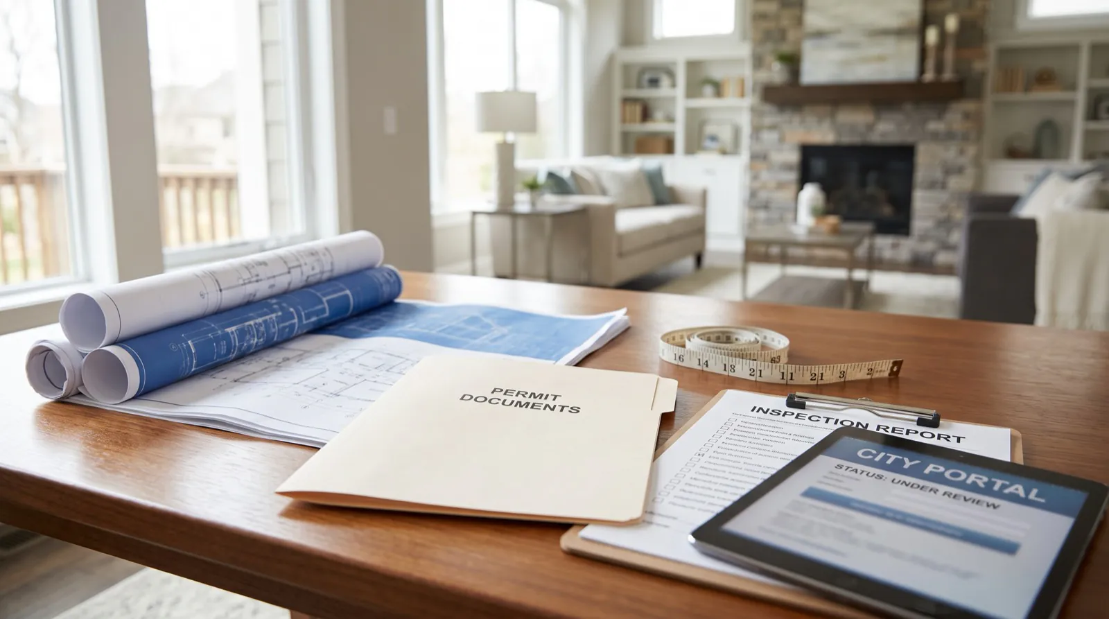 Building plans, permit documents, and inspection materials on a table