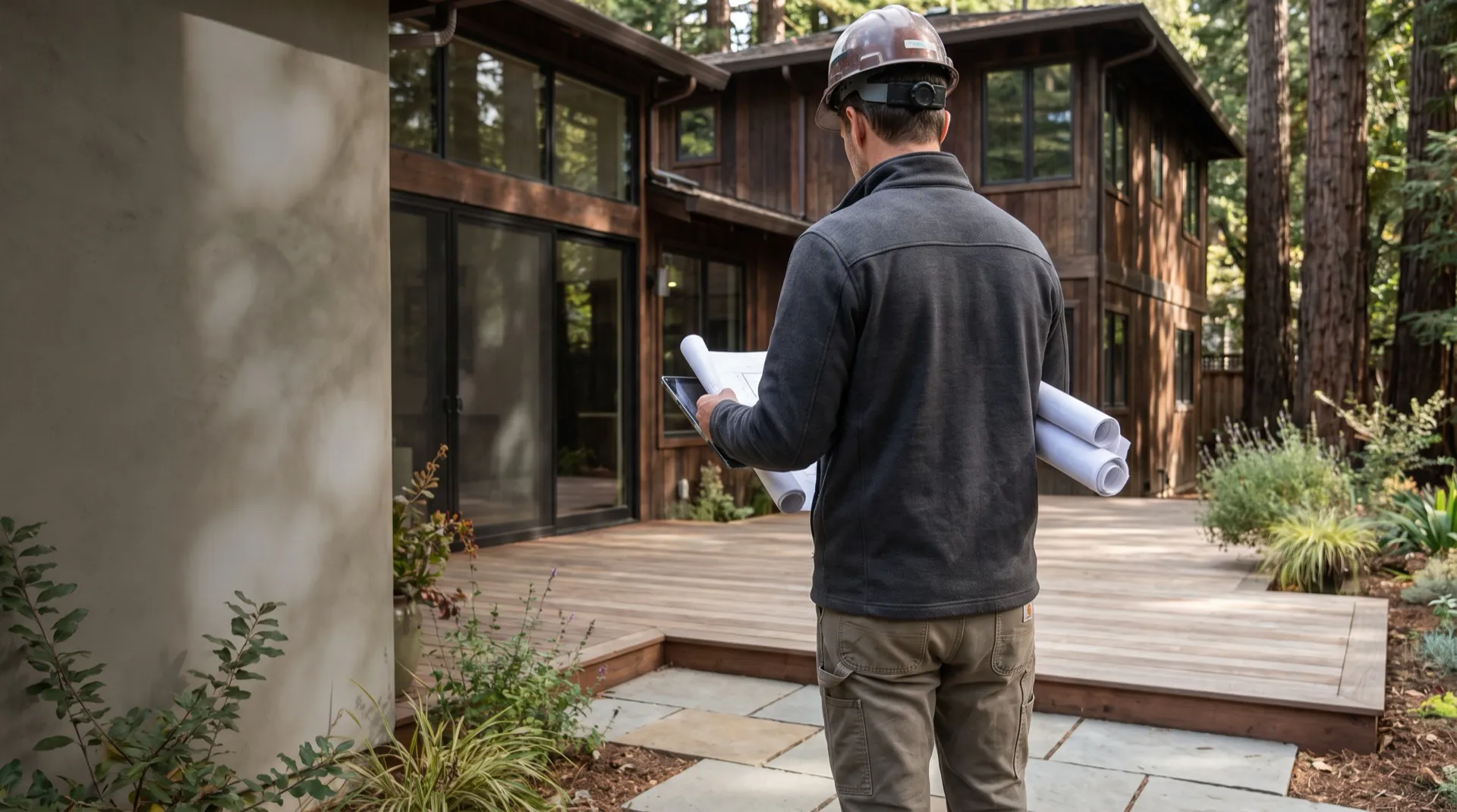 Residential contractor reviewing plans at an upscale home