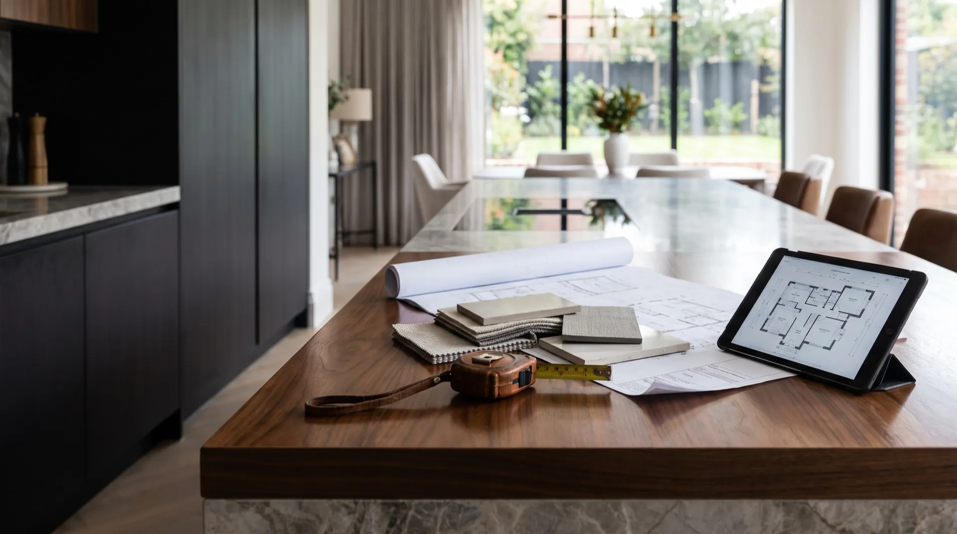 Renovation plans and material samples arranged on a kitchen island