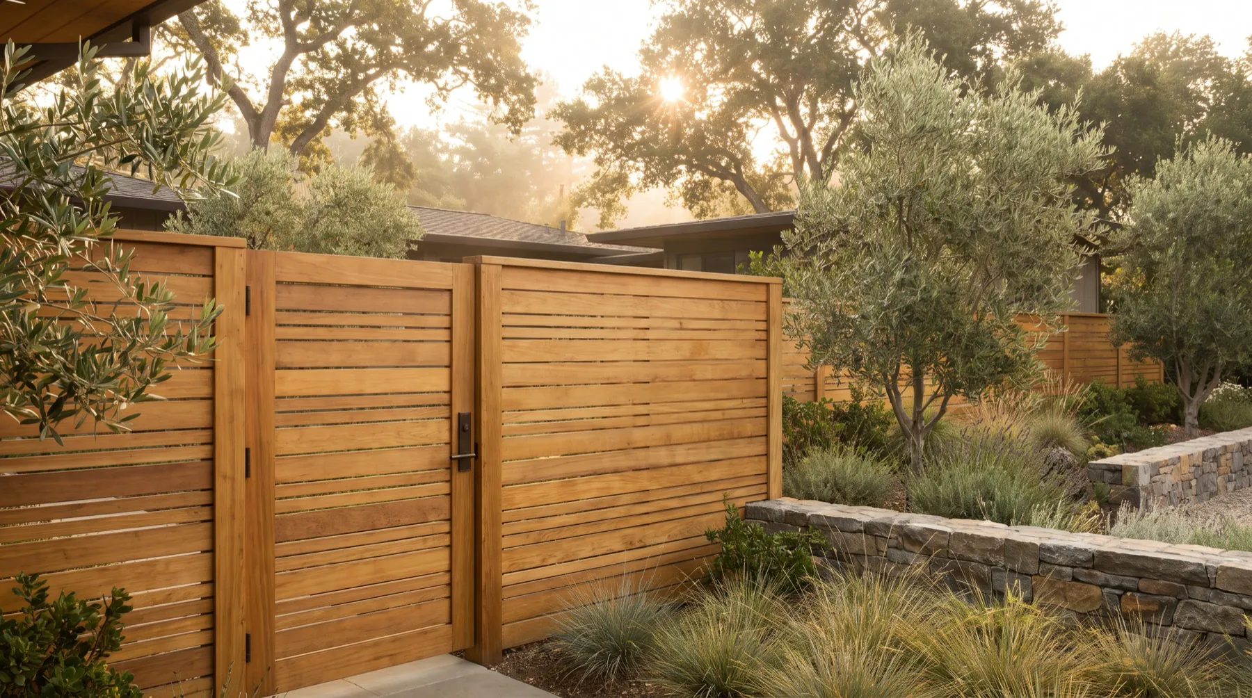 Horizontal wood privacy fence and residential gate