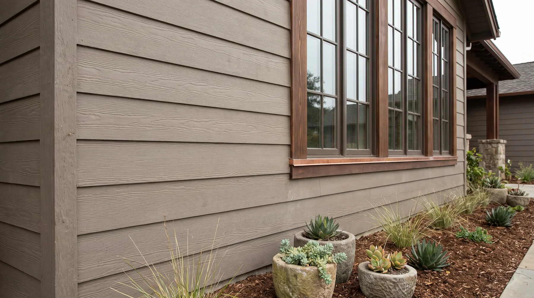Fiber-cement siding and window trim on a residential exterior