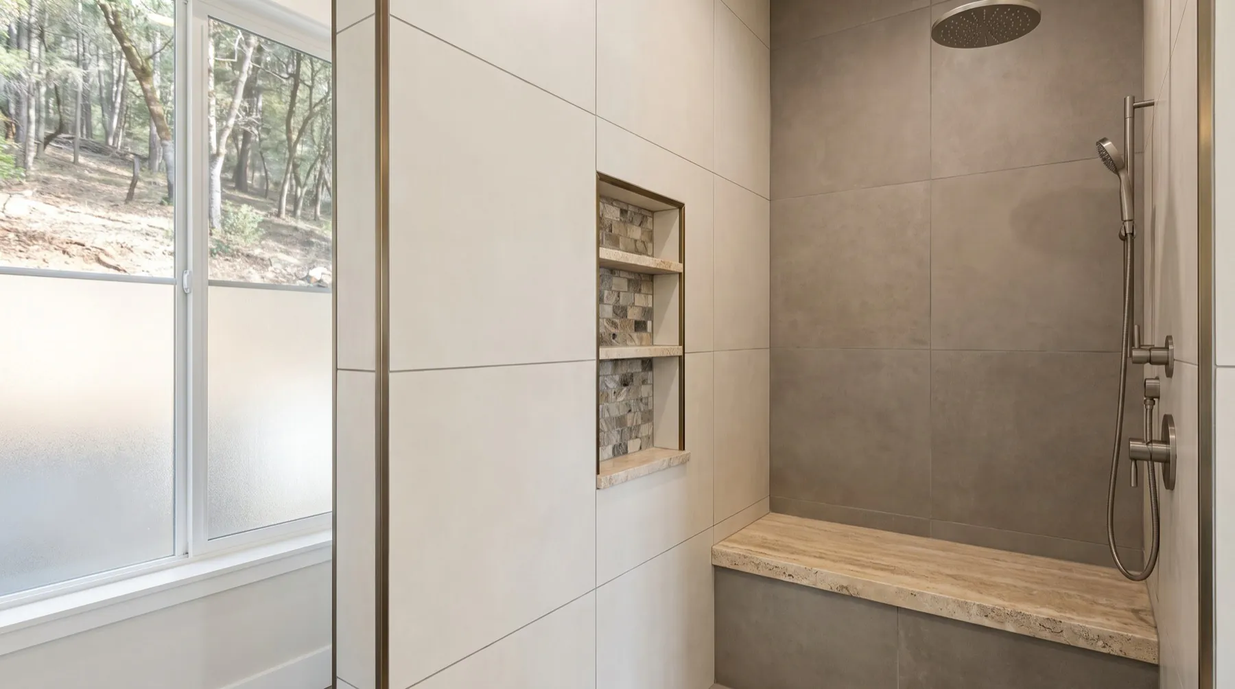 Large-format porcelain tile in a residential shower